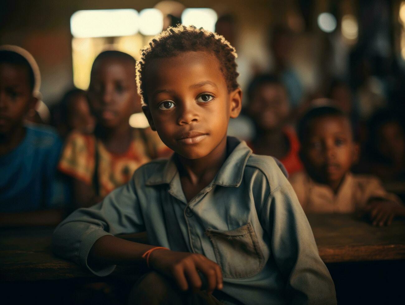 African kid in emotional dynamic pose in school AI Generative photo