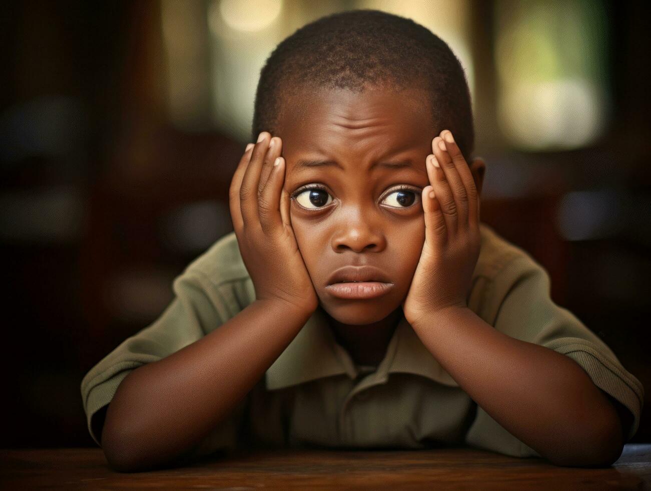 African kid in emotional dynamic pose in school AI Generative photo