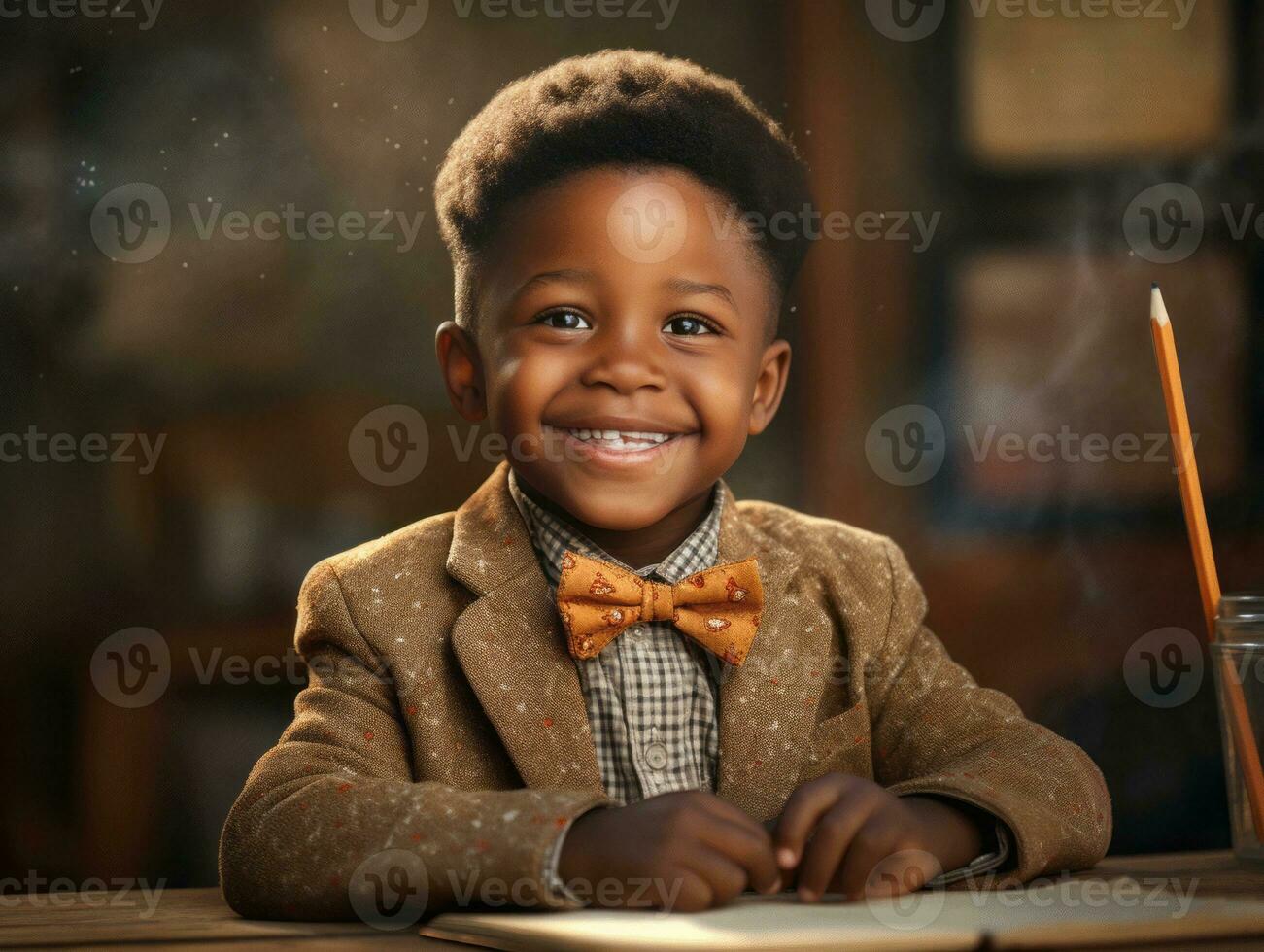 African kid in emotional dynamic pose in school AI Generative photo