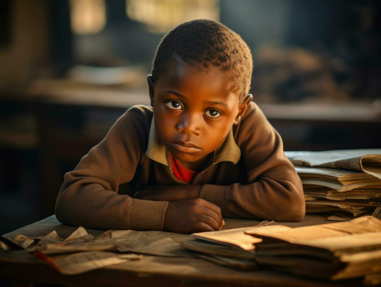 African kid in emotional dynamic pose in school AI Generative photo