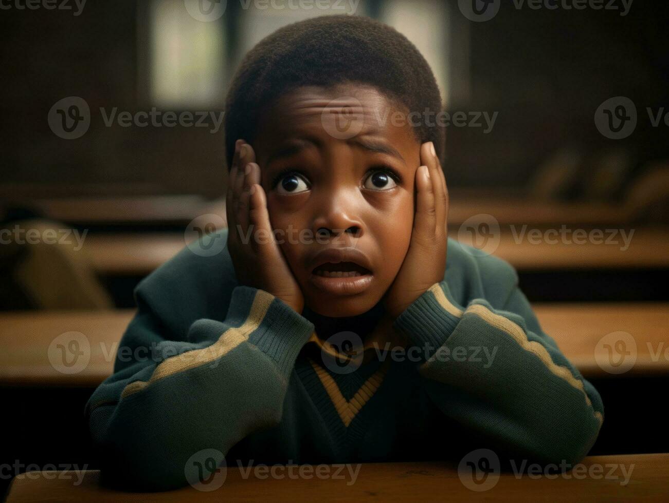 African kid in emotional dynamic pose in school AI Generative photo