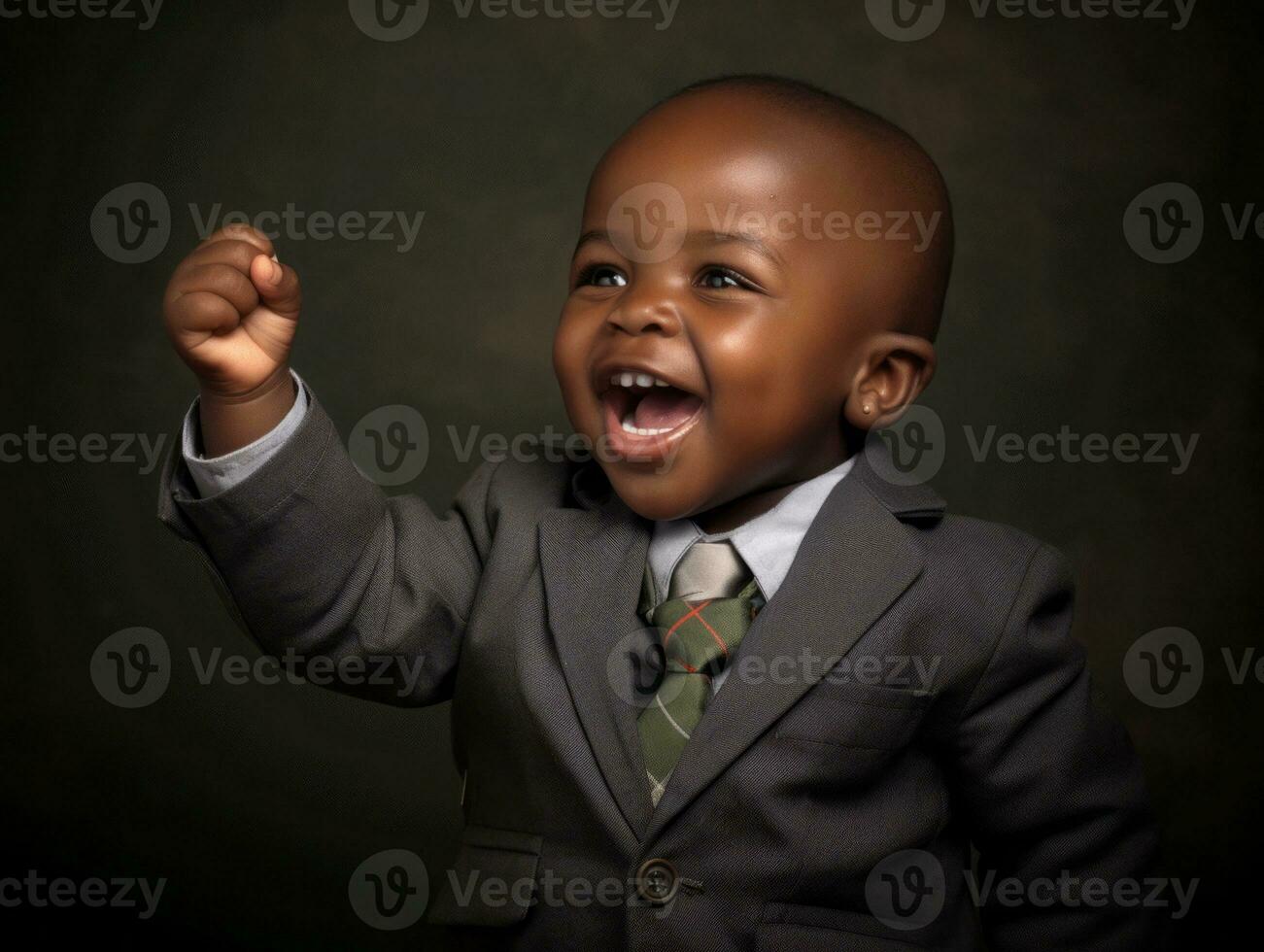 African kid in emotional dynamic pose in school AI Generative photo