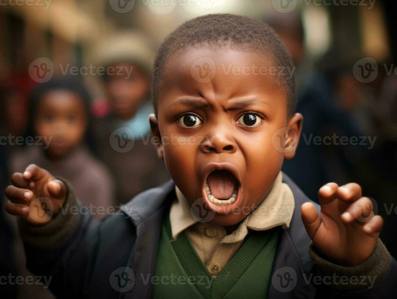 African kid in emotional dynamic pose in school AI Generative photo