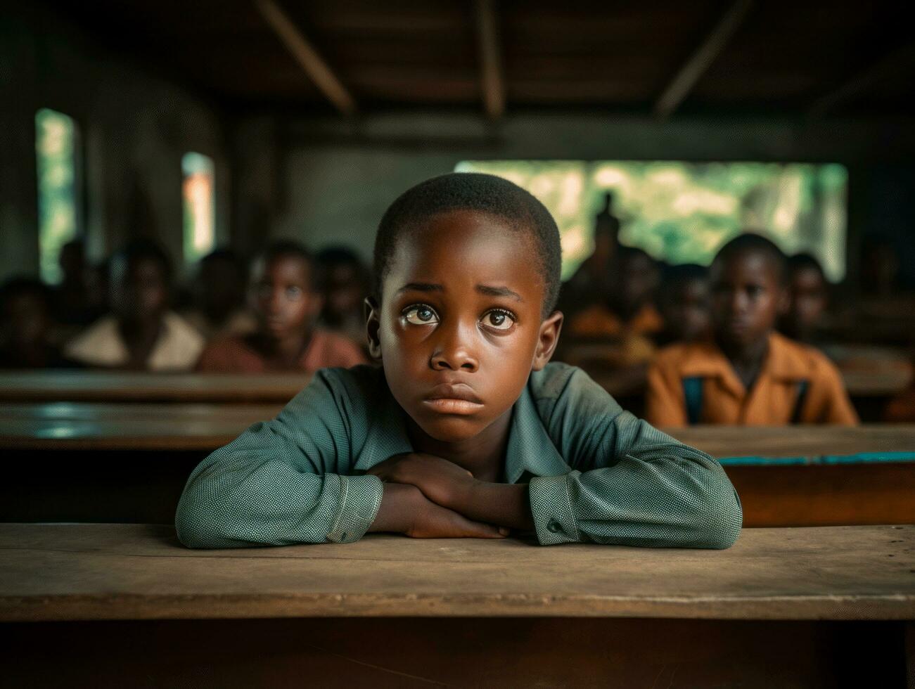 African kid in emotional dynamic pose in school AI Generative photo