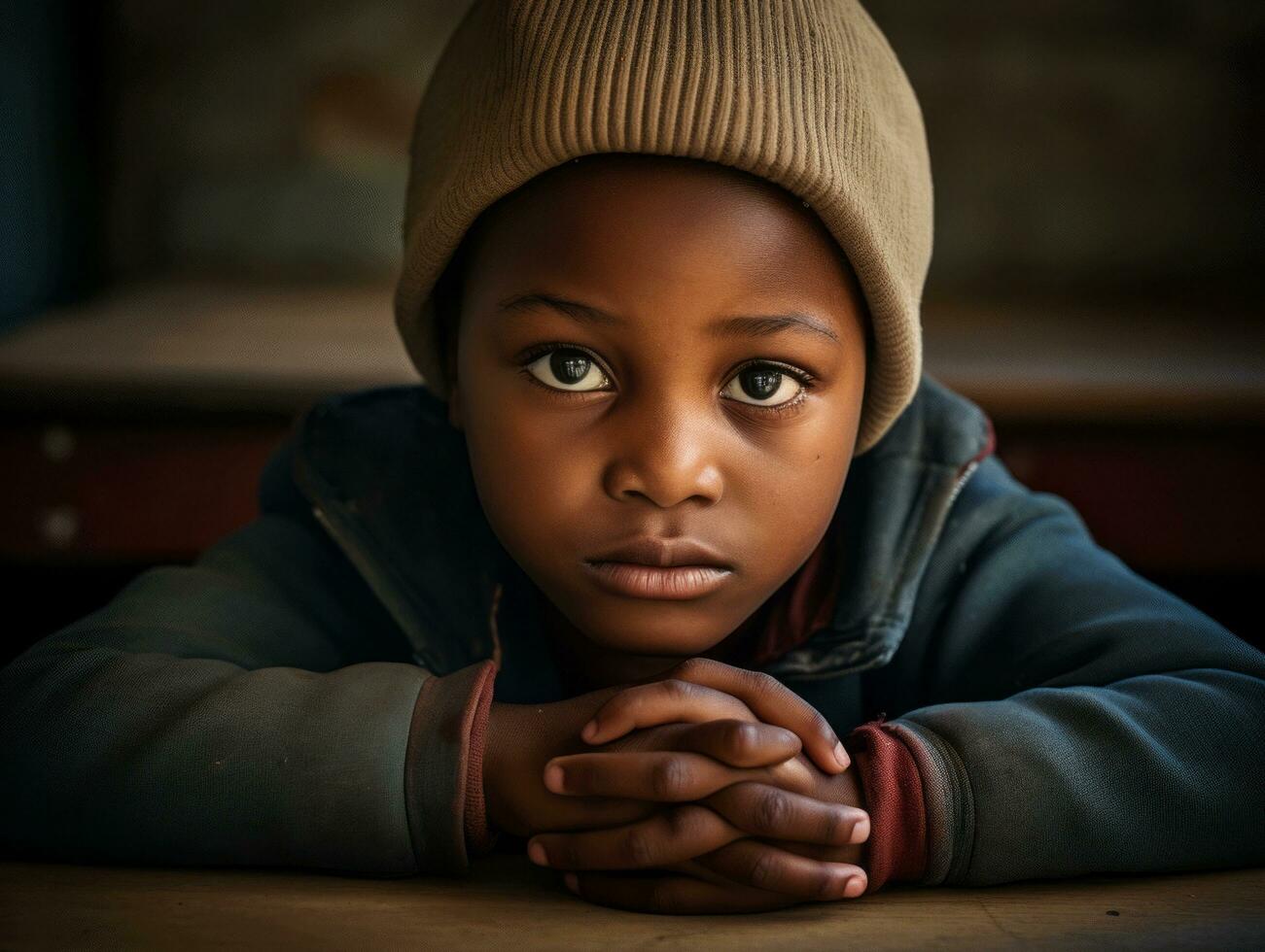 African kid in emotional dynamic pose in school AI Generative photo