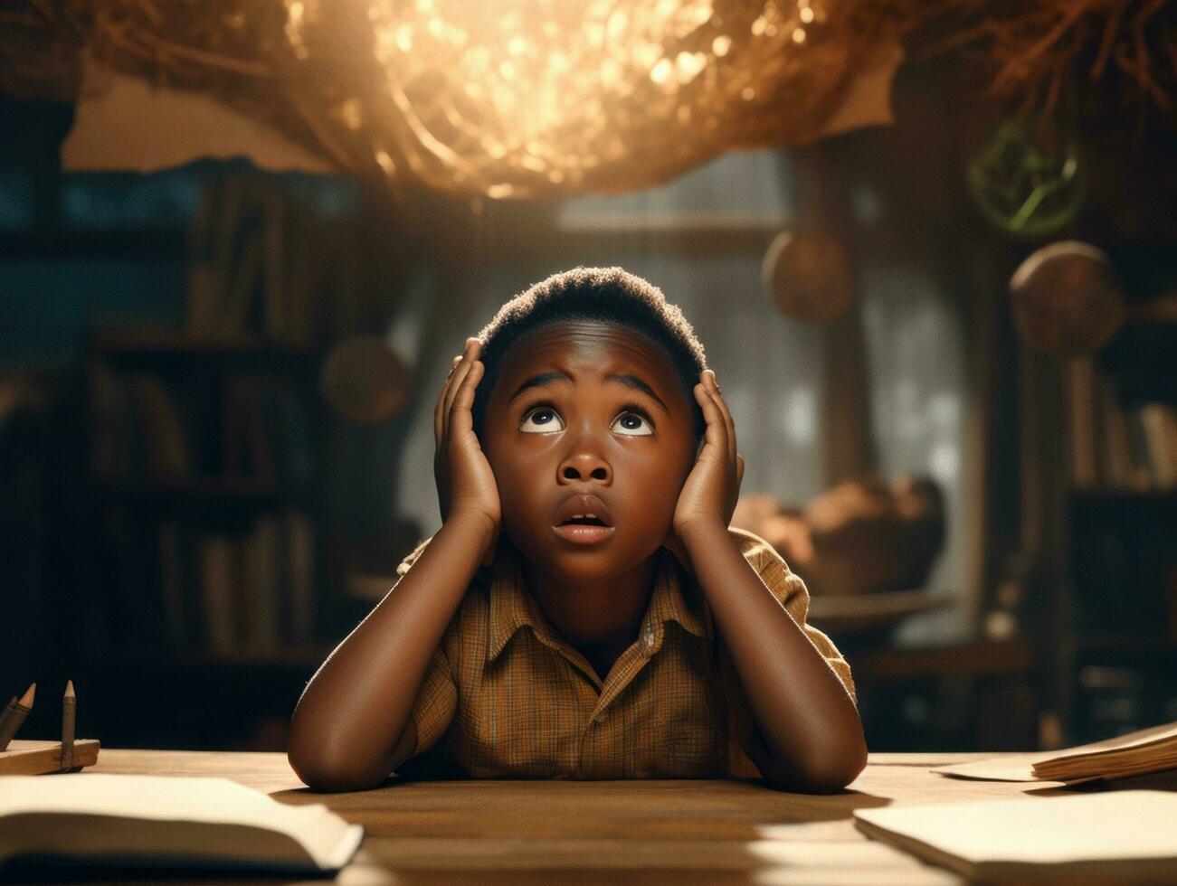 African kid in emotional dynamic pose in school AI Generative photo