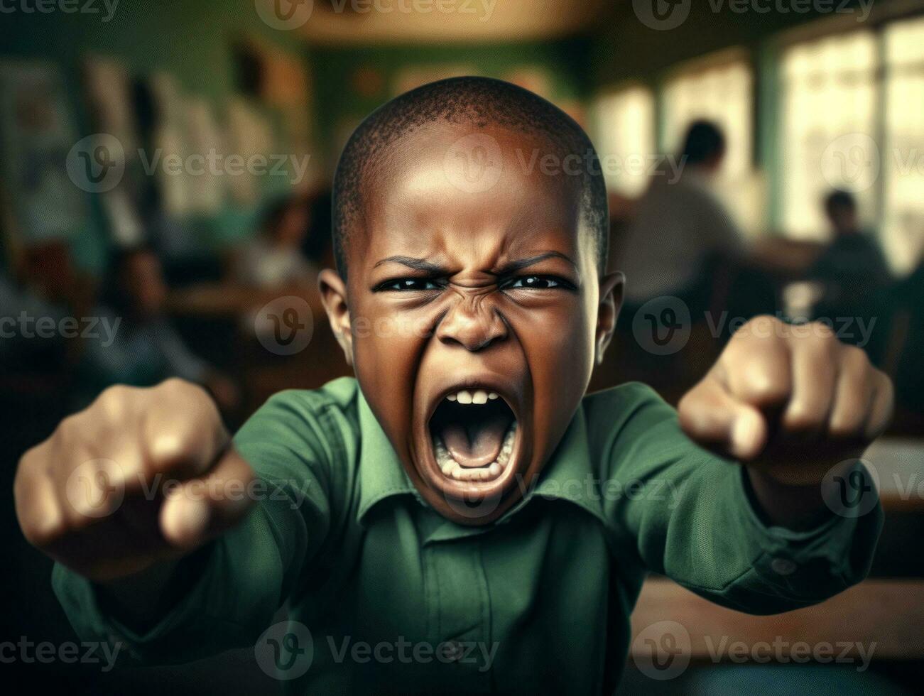 African kid in emotional dynamic pose in school AI Generative photo