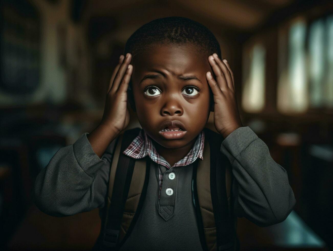 African kid in emotional dynamic pose in school AI Generative photo