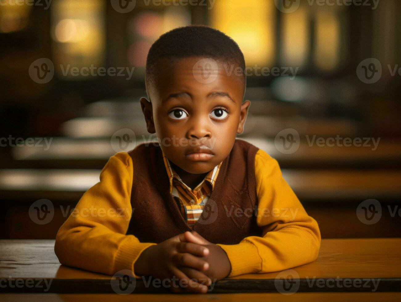 African kid in emotional dynamic pose in school AI Generative photo