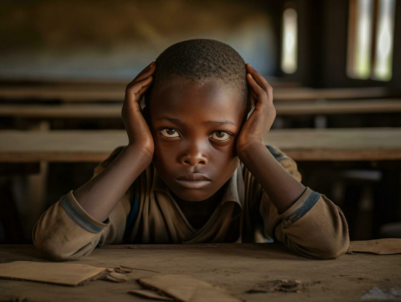 African kid in emotional dynamic pose in school AI Generative photo