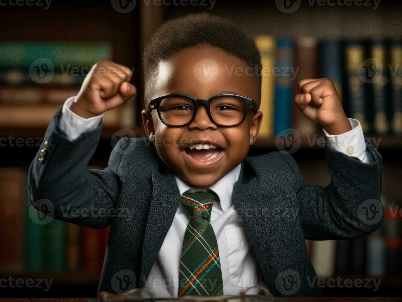 African kid in emotional dynamic pose in school AI Generative photo