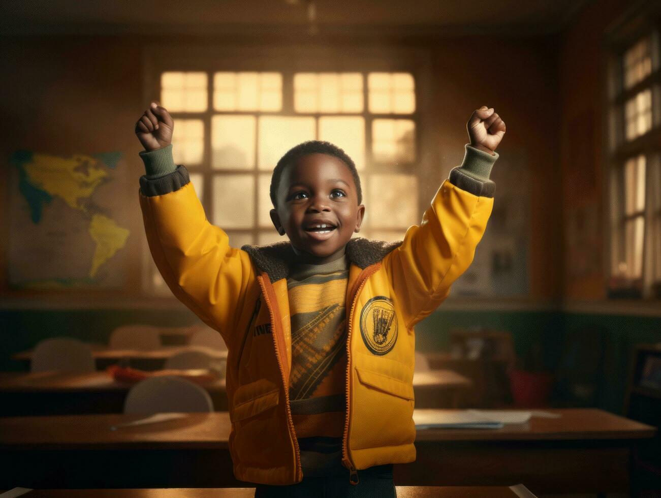 African kid in emotional dynamic pose in school AI Generative photo