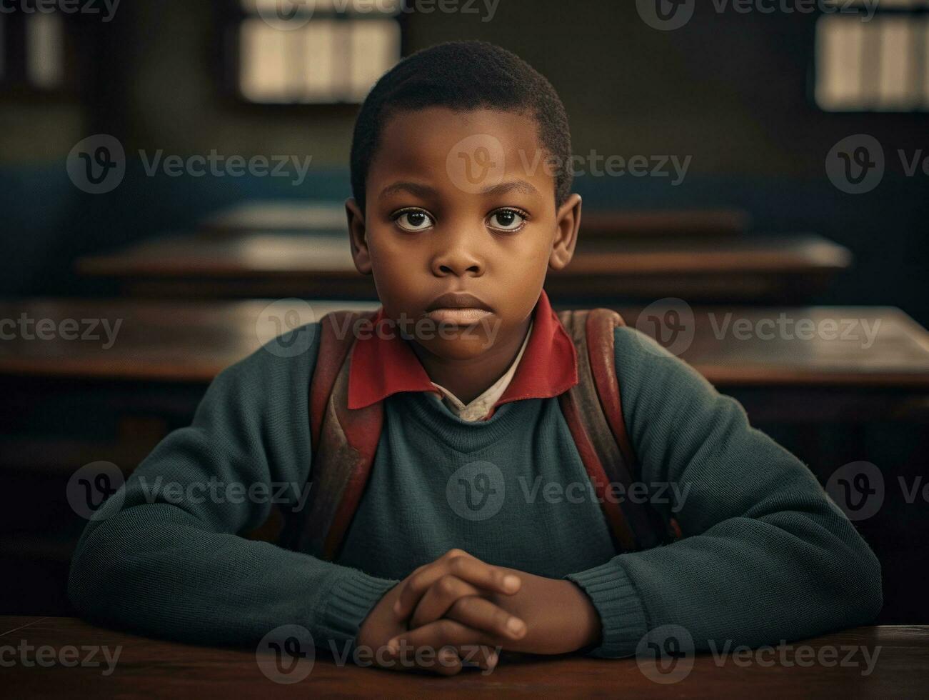 African kid in emotional dynamic pose in school AI Generative photo