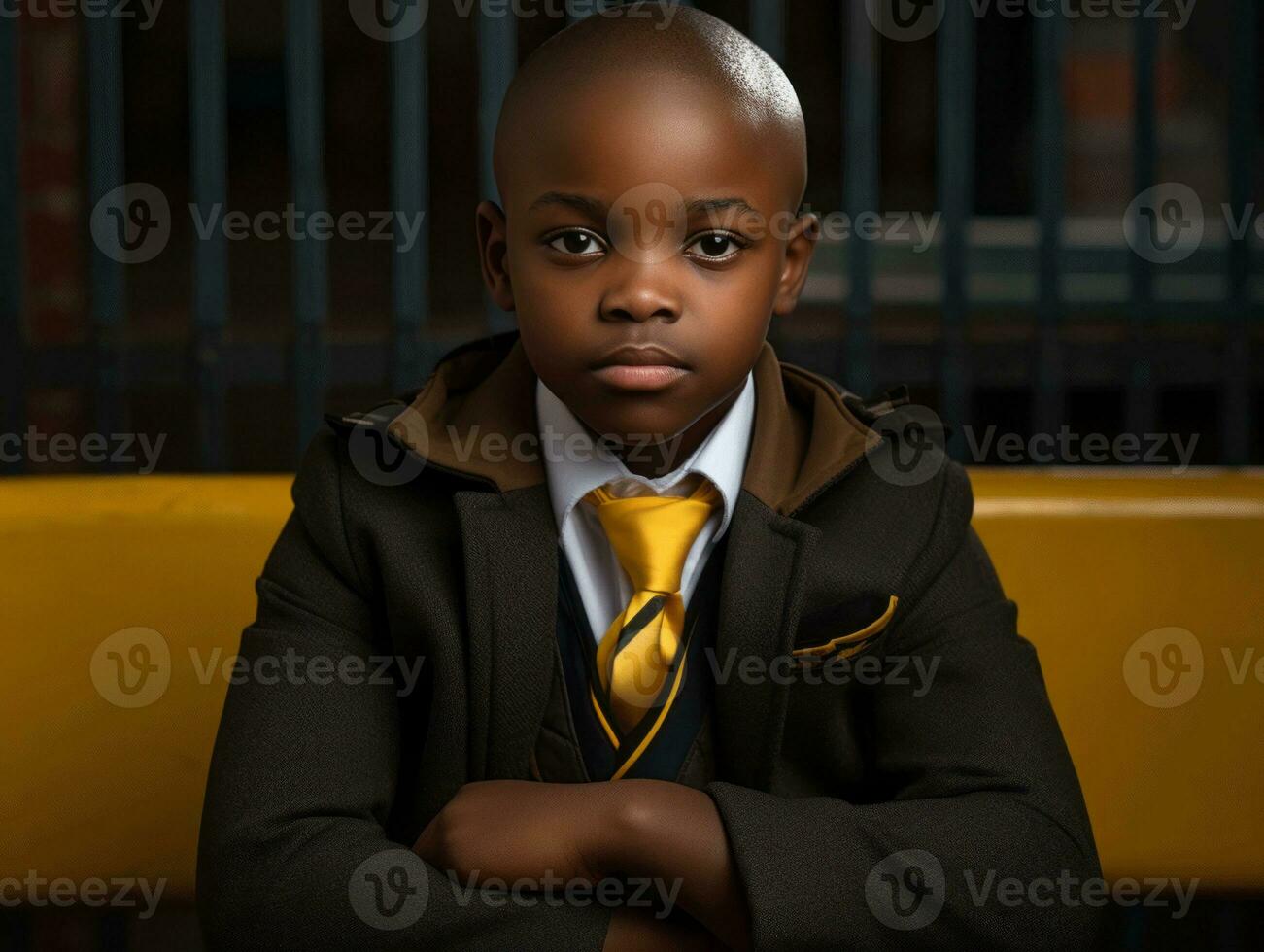 African kid in emotional dynamic pose in school AI Generative photo