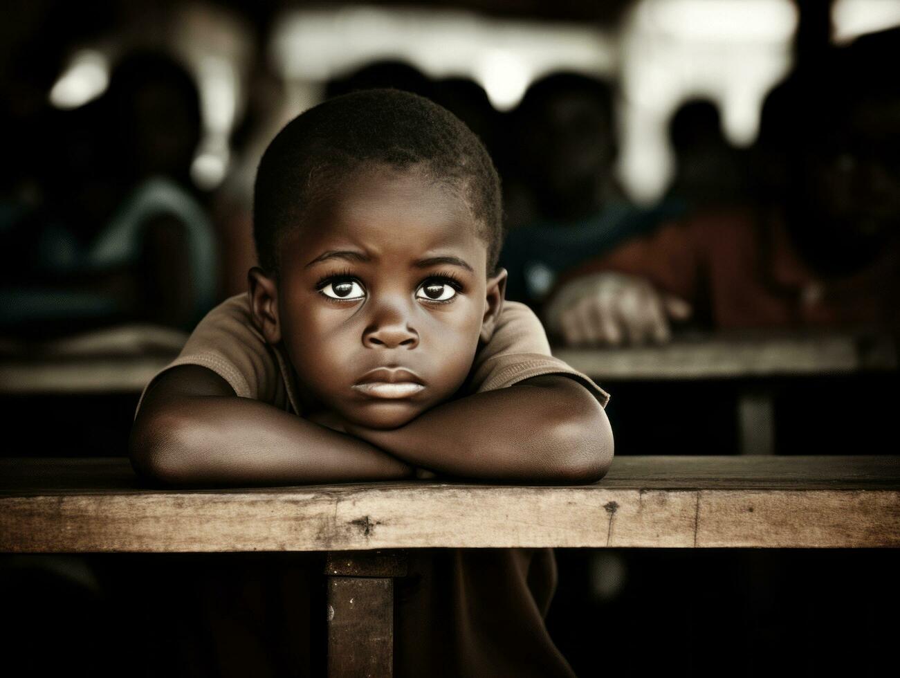 African kid in emotional dynamic pose in school AI Generative photo