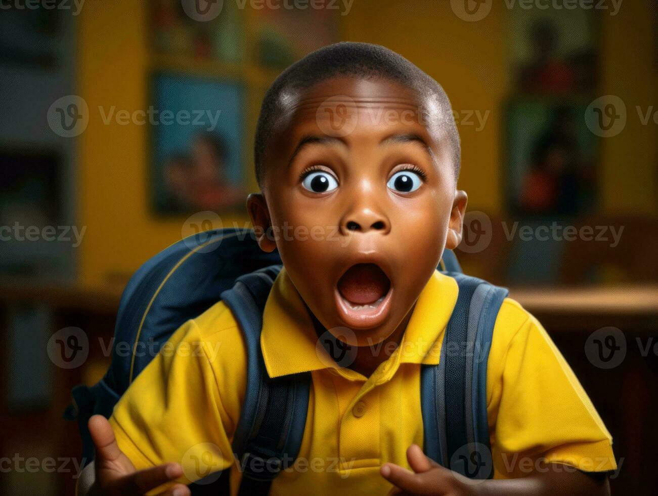 African kid in emotional dynamic pose in school AI Generative photo
