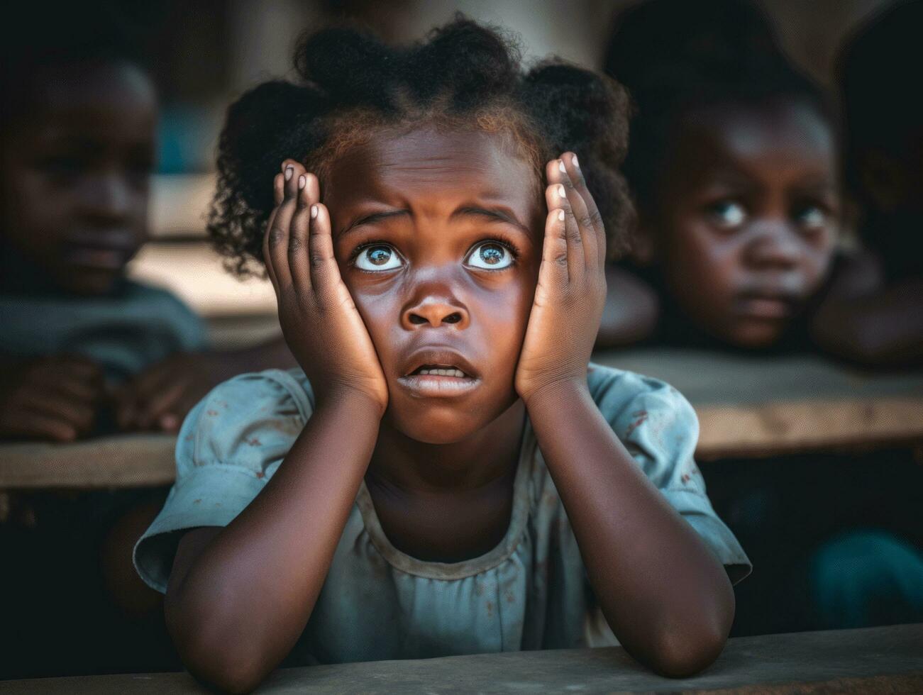 African kid in emotional dynamic pose in school AI Generative photo