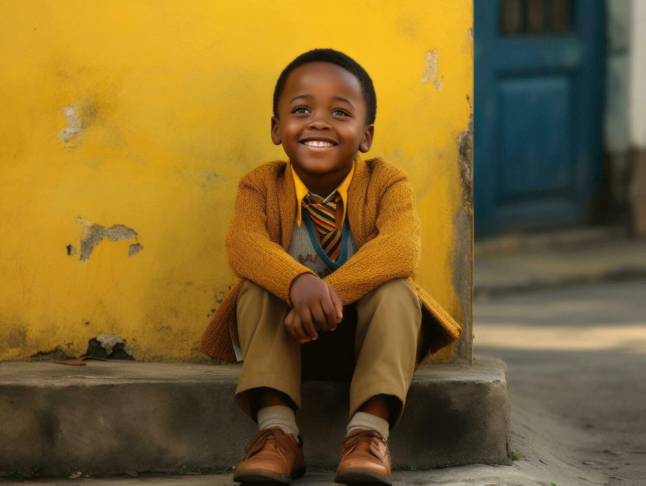 African kid in emotional dynamic pose in school AI Generative photo