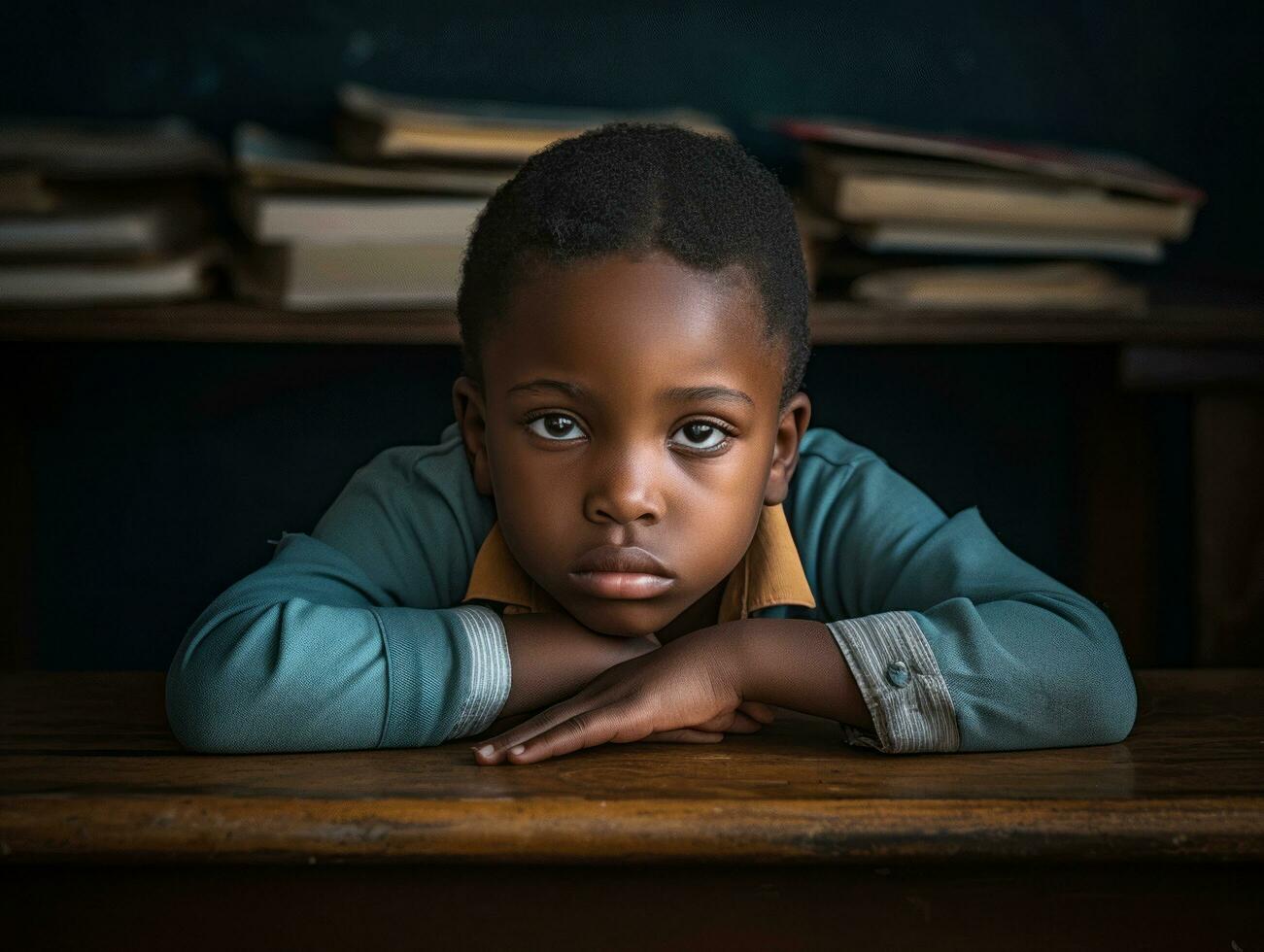 African kid in emotional dynamic pose in school AI Generative photo