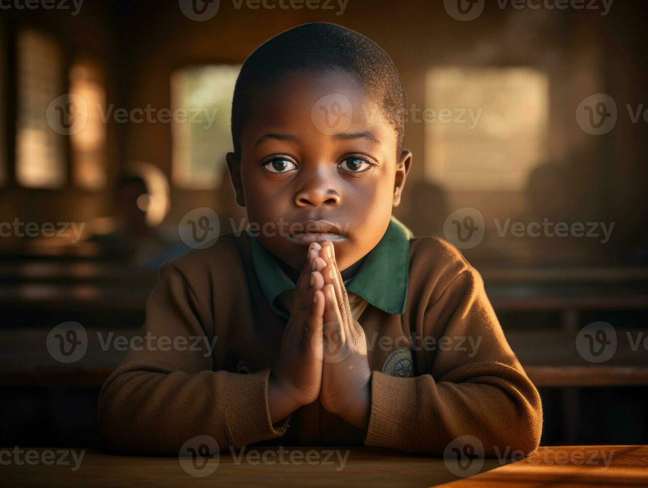African kid in emotional dynamic pose in school AI Generative photo