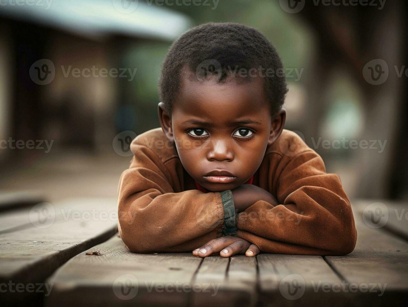 African kid in emotional dynamic pose in school AI Generative photo