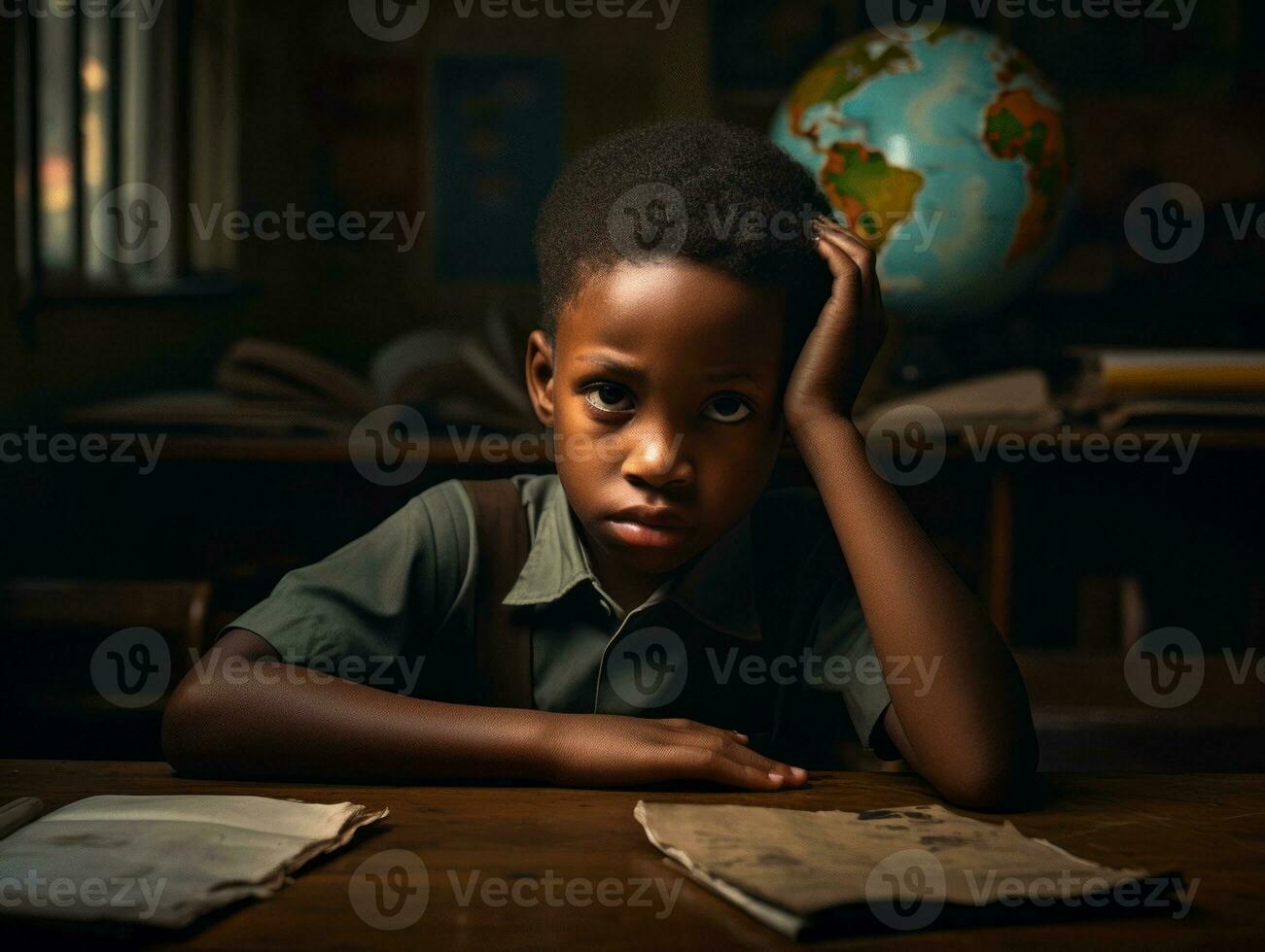 African kid in emotional dynamic pose in school AI Generative photo