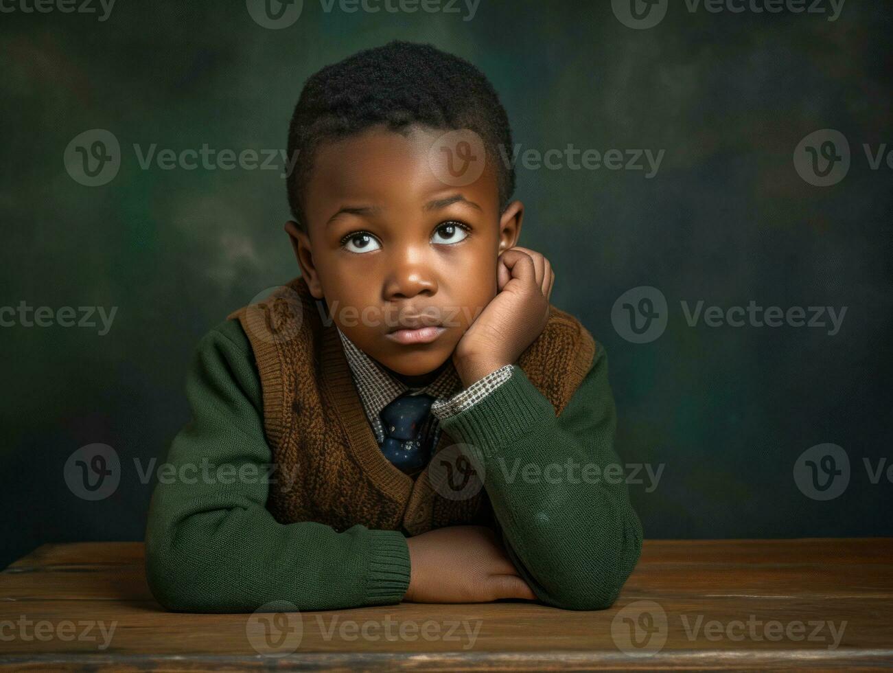 African kid in emotional dynamic pose in school AI Generative photo