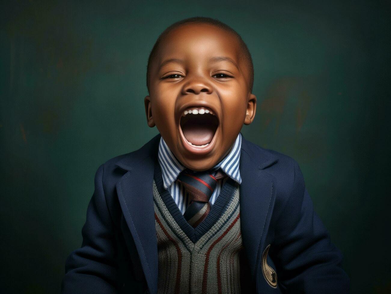 African kid in emotional dynamic pose in school AI Generative photo