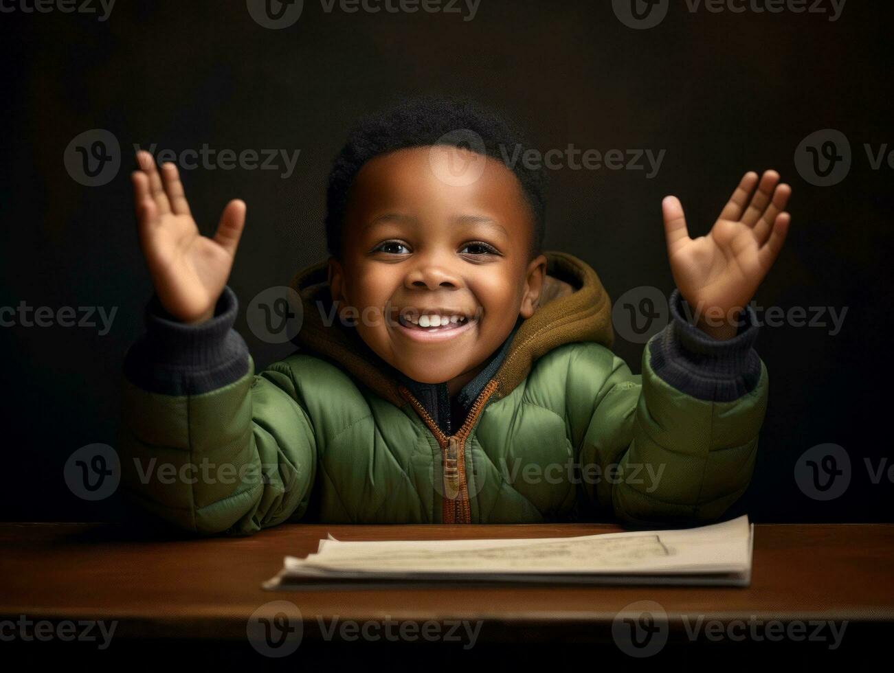 African kid in emotional dynamic pose in school AI Generative photo