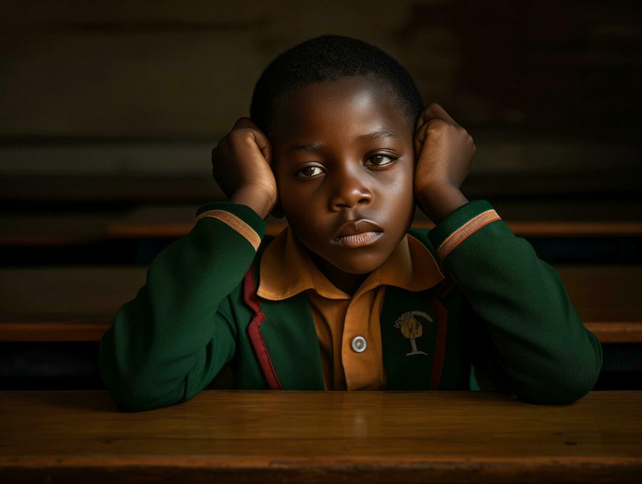 African kid in emotional dynamic pose in school AI Generative photo