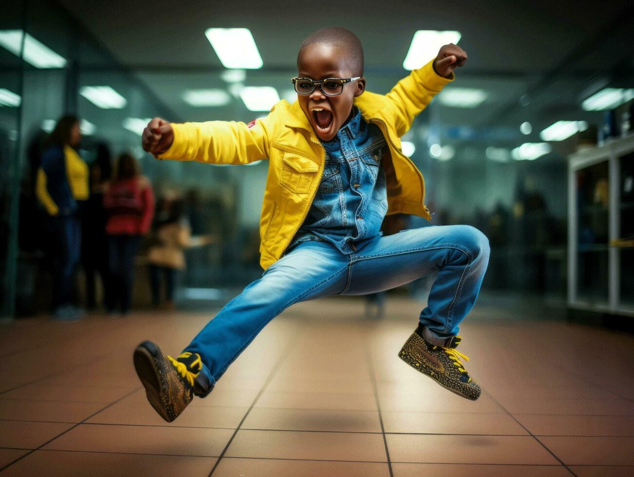 African kid in emotional dynamic pose in school AI Generative photo