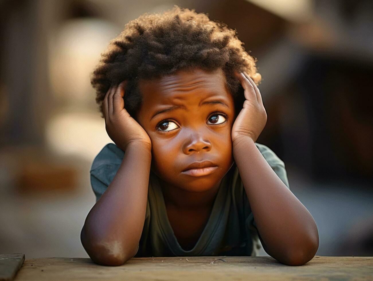 African kid in emotional dynamic pose in school AI Generative photo