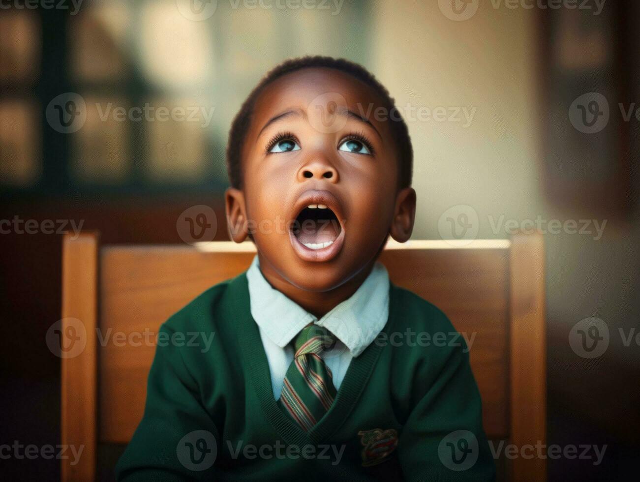 African kid in emotional dynamic pose in school AI Generative photo