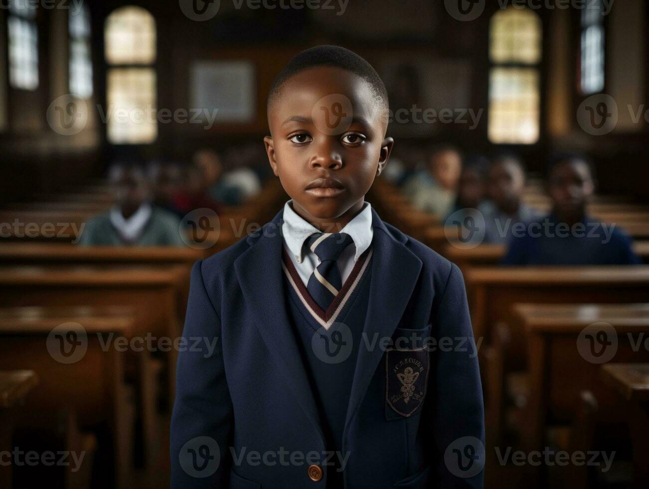 African kid in emotional dynamic pose in school AI Generative photo