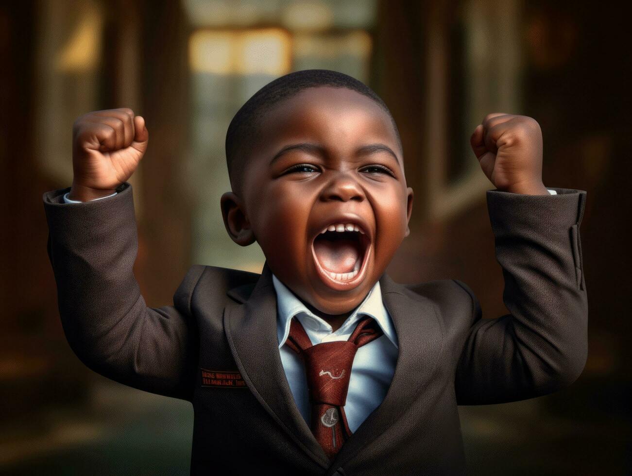 African kid in emotional dynamic pose in school AI Generative photo