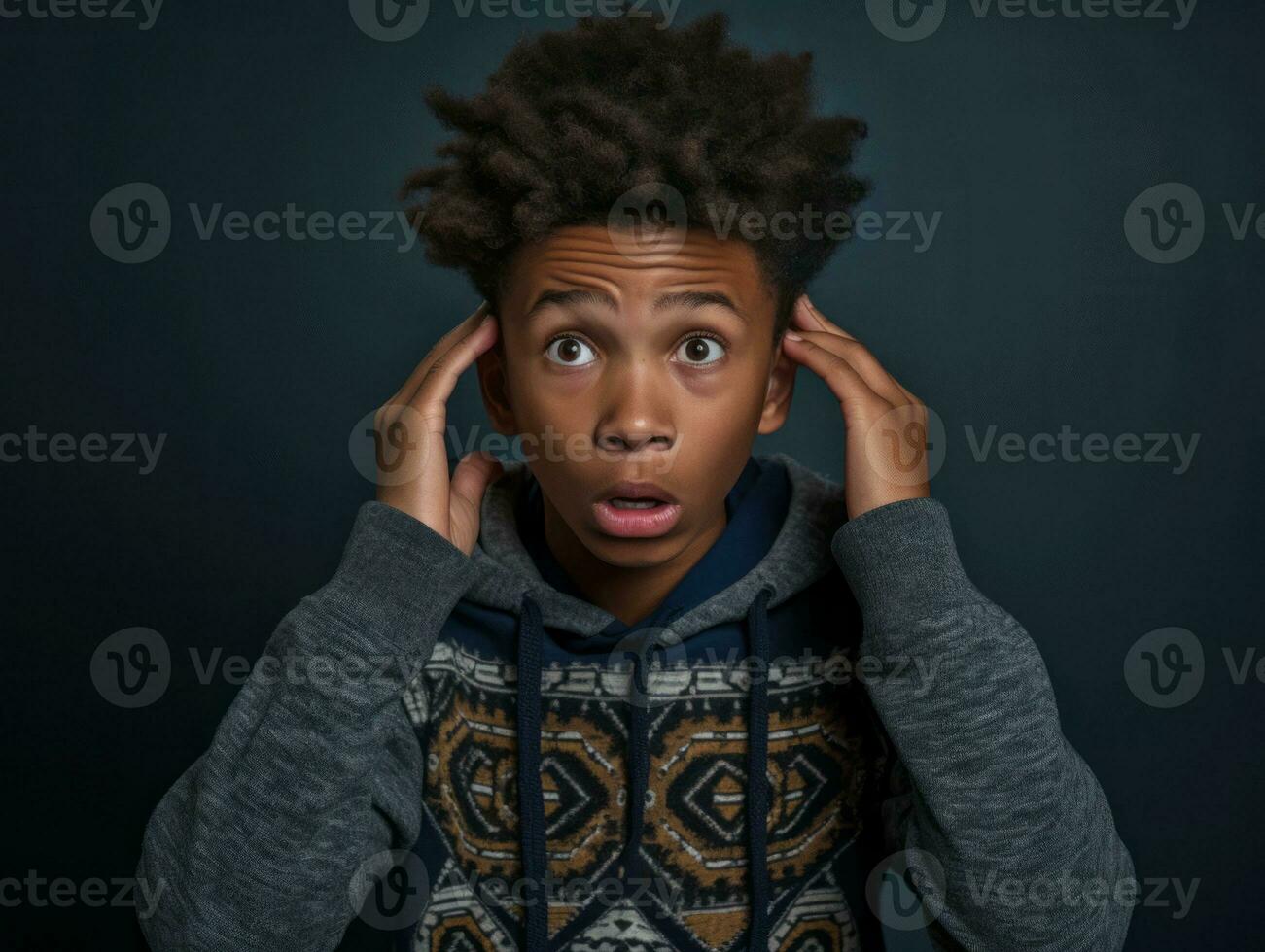 African kid in emotional dynamic pose in school AI Generative photo