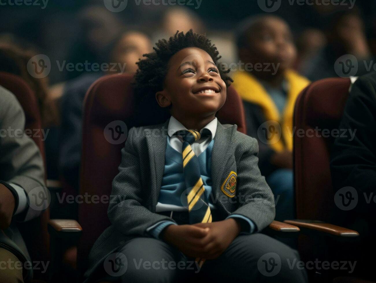 African kid in emotional dynamic pose in school AI Generative photo