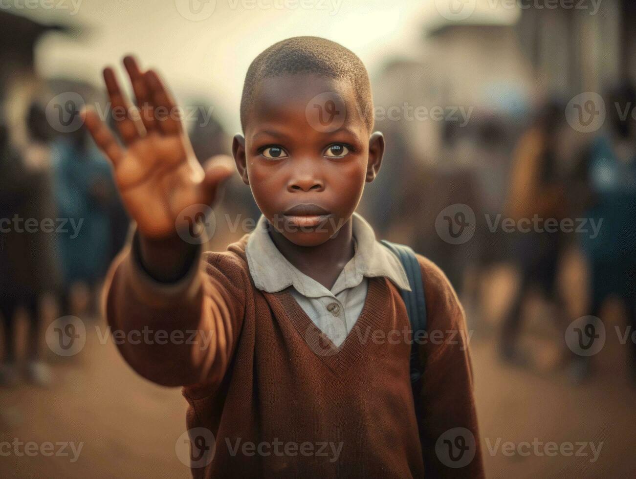 African kid in emotional dynamic pose in school AI Generative photo