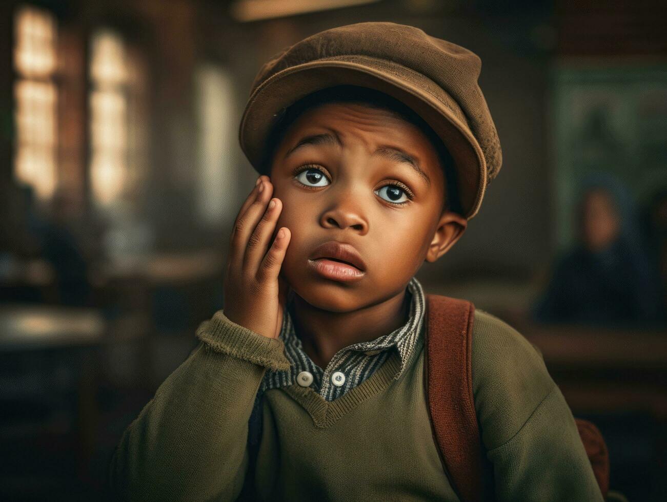 African kid in emotional dynamic pose in school AI Generative photo