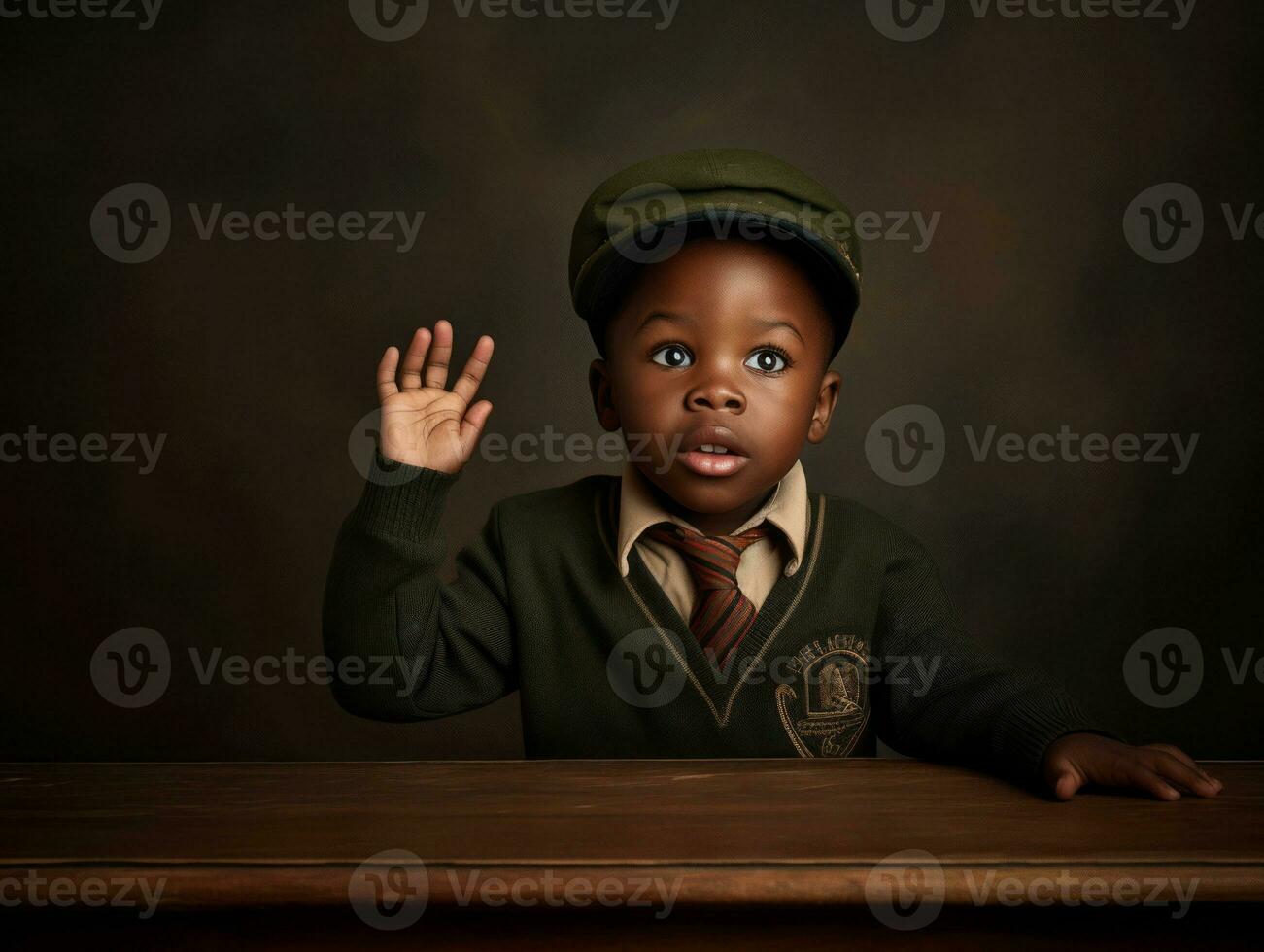 African kid in emotional dynamic pose in school AI Generative photo
