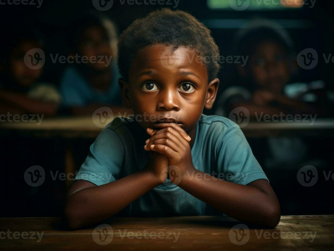 African kid in emotional dynamic pose in school AI Generative photo