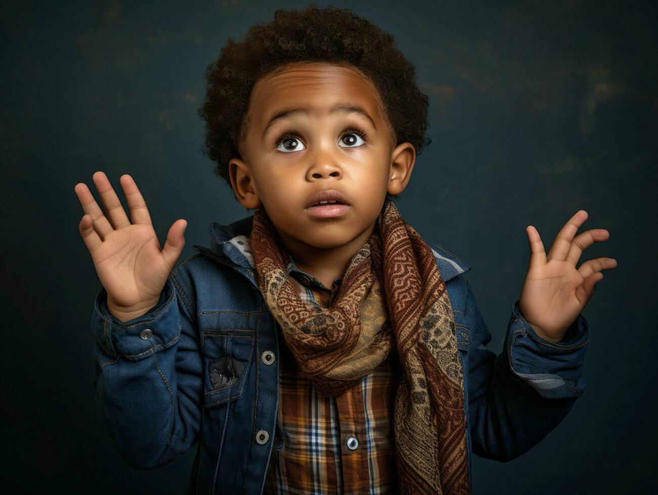 African kid in emotional dynamic pose in school AI Generative photo