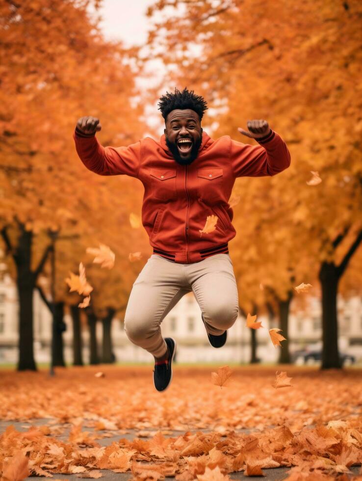 African man in emotional dynamic pose on autumn background AI Generative photo