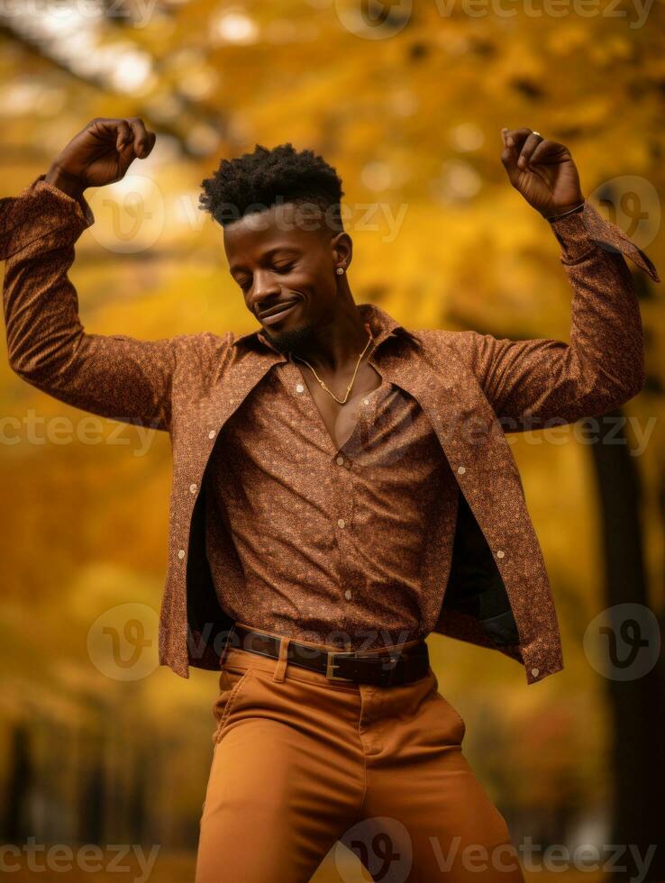 African man in emotional dynamic pose on autumn background AI Generative photo