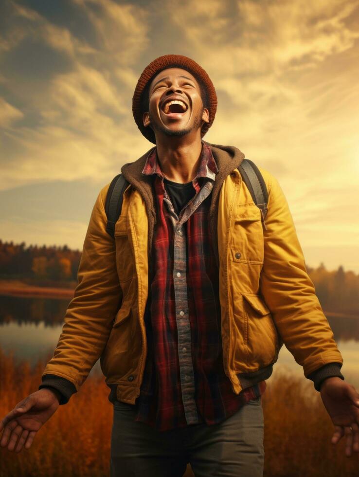 African man in emotional dynamic pose on autumn background AI Generative photo