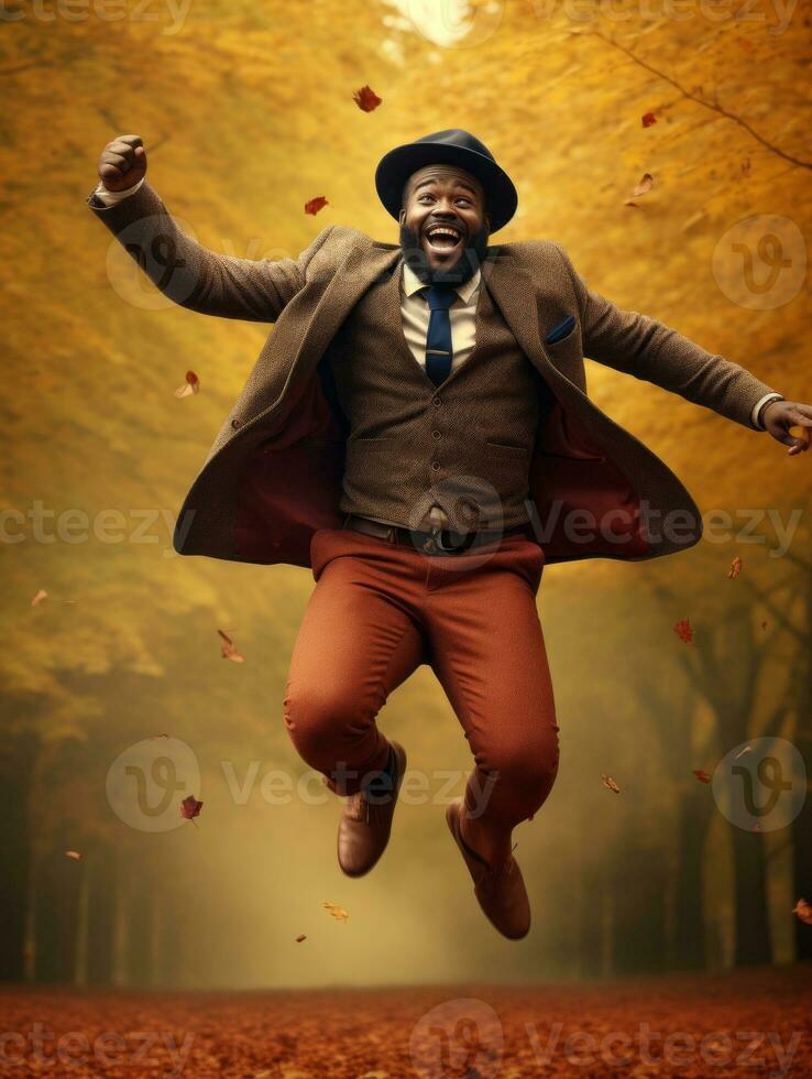 africano hombre en emocional dinámica actitud en otoño antecedentes ai generativo foto