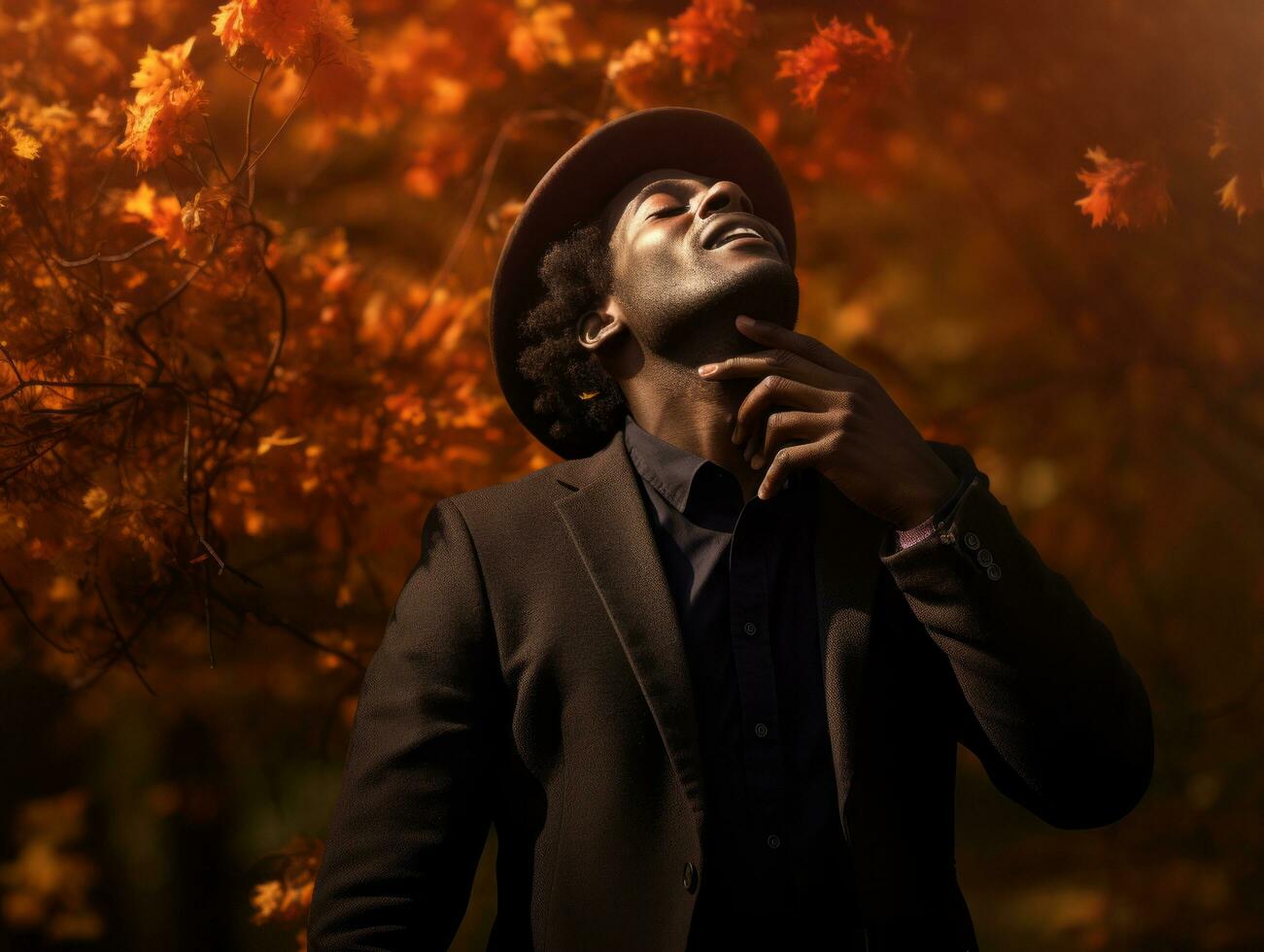 africano hombre en emocional dinámica actitud en otoño antecedentes ai generativo foto