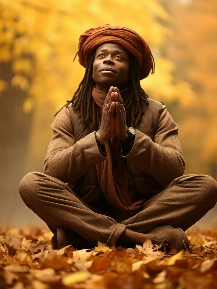 African man in emotional dynamic pose on autumn background AI Generative photo