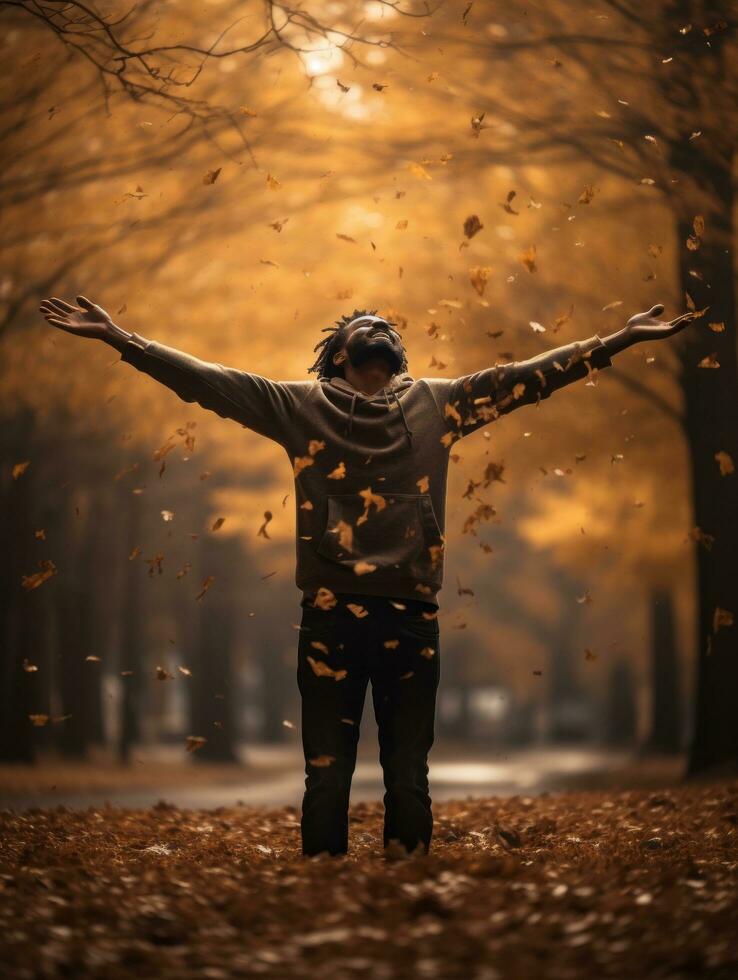 African man in emotional dynamic pose on autumn background AI Generative photo