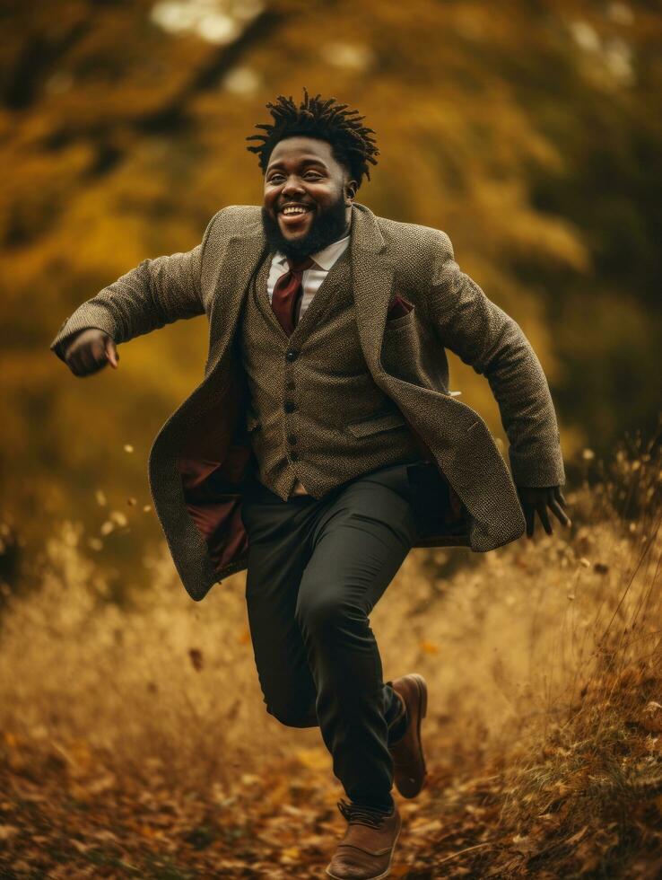 African man in emotional dynamic pose on autumn background AI Generative photo